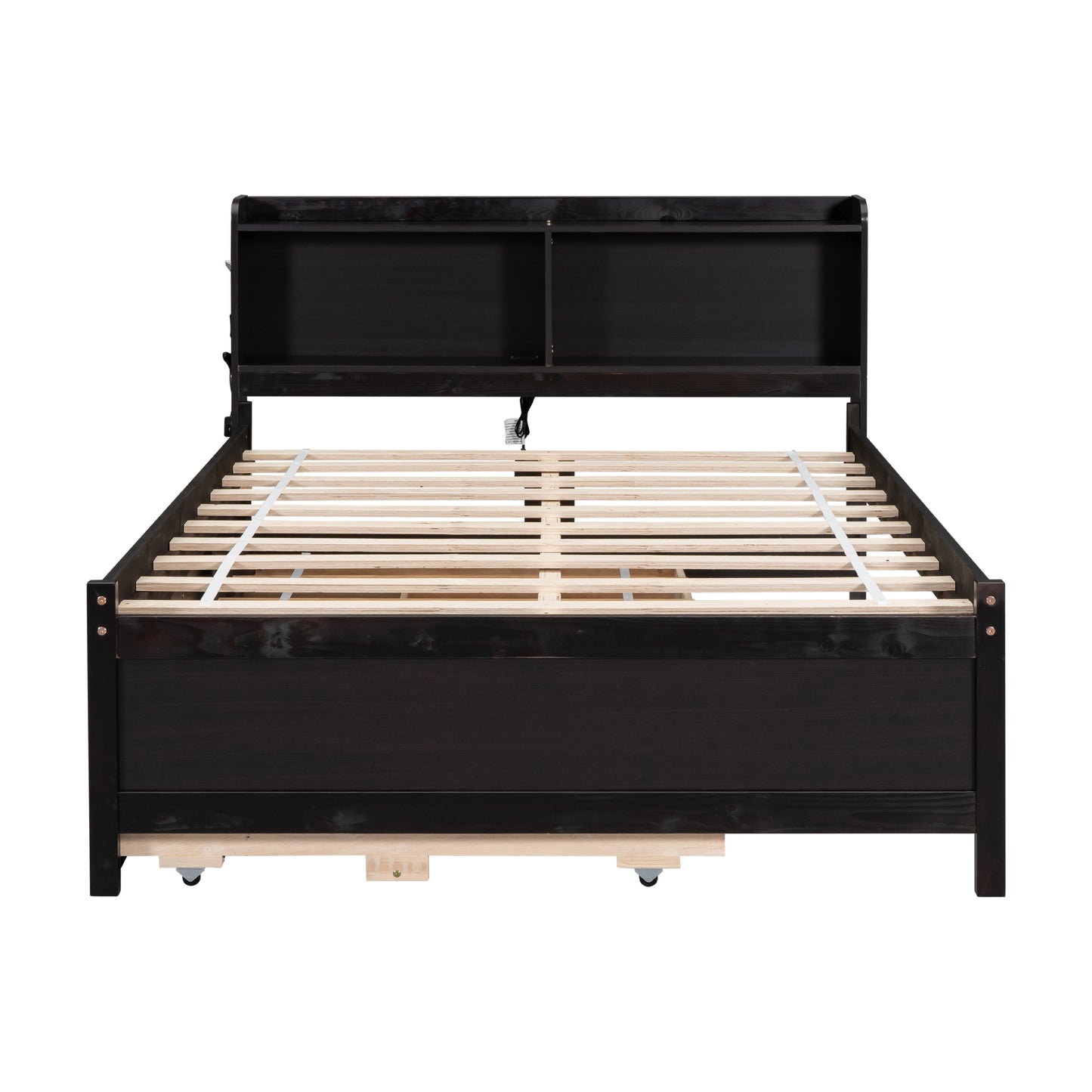 Full Size Bed with USB & Type-C Ports, LED light, Bookcase Headboard, Trundle and 3 Storage Drawers , Full Size Size Bed with  Bookcase Headboard, Trundle and Storage drawers,Espresso