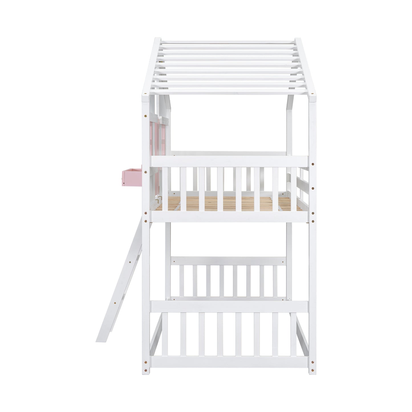 Twin over Twin House Bunk Bed with Roof , Window, Window  Box, Door , with Safety Guardrails and Ladder, Pink/White