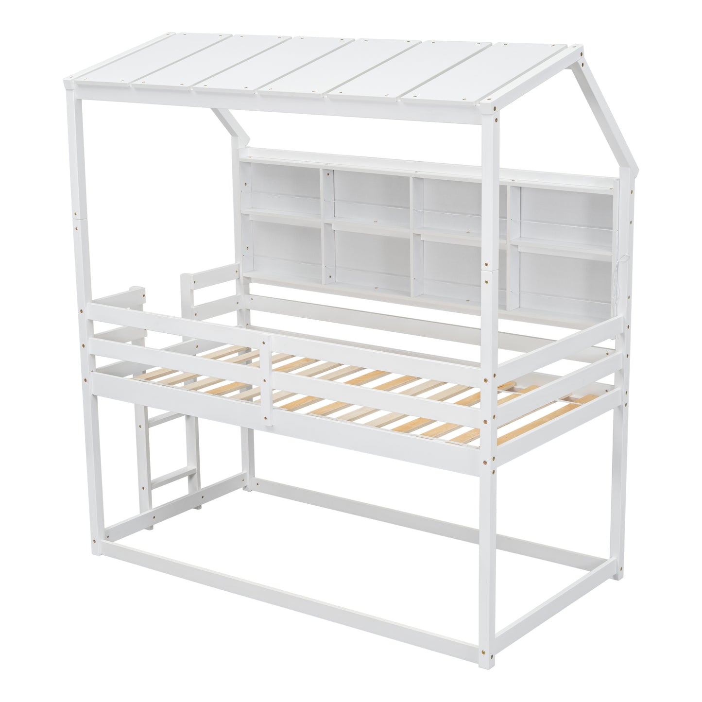 Twin House Loft Bed with Guardrails, Semi-enclosed Roof, Bedside Shelves and Ladder, White