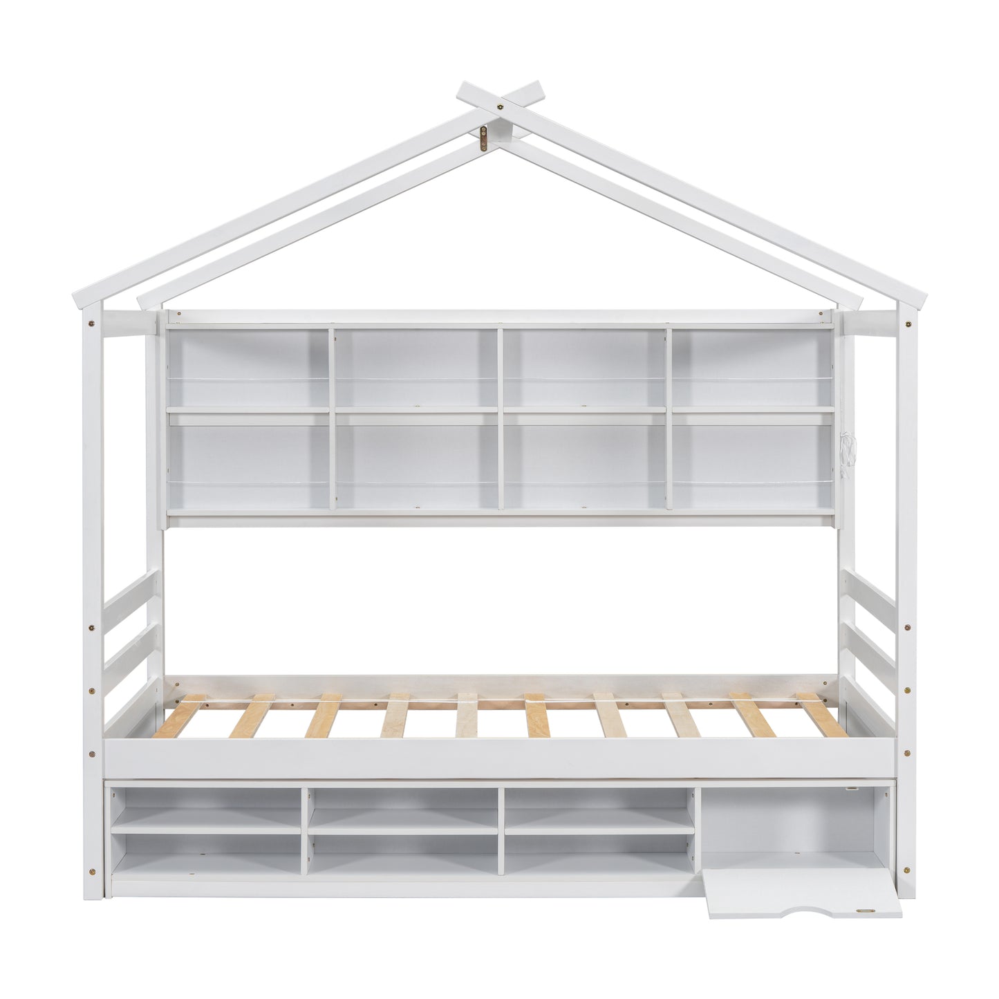 Twin House Bed with Roof Frame, Bedside-shelves, Under Bed Storage Unit,White