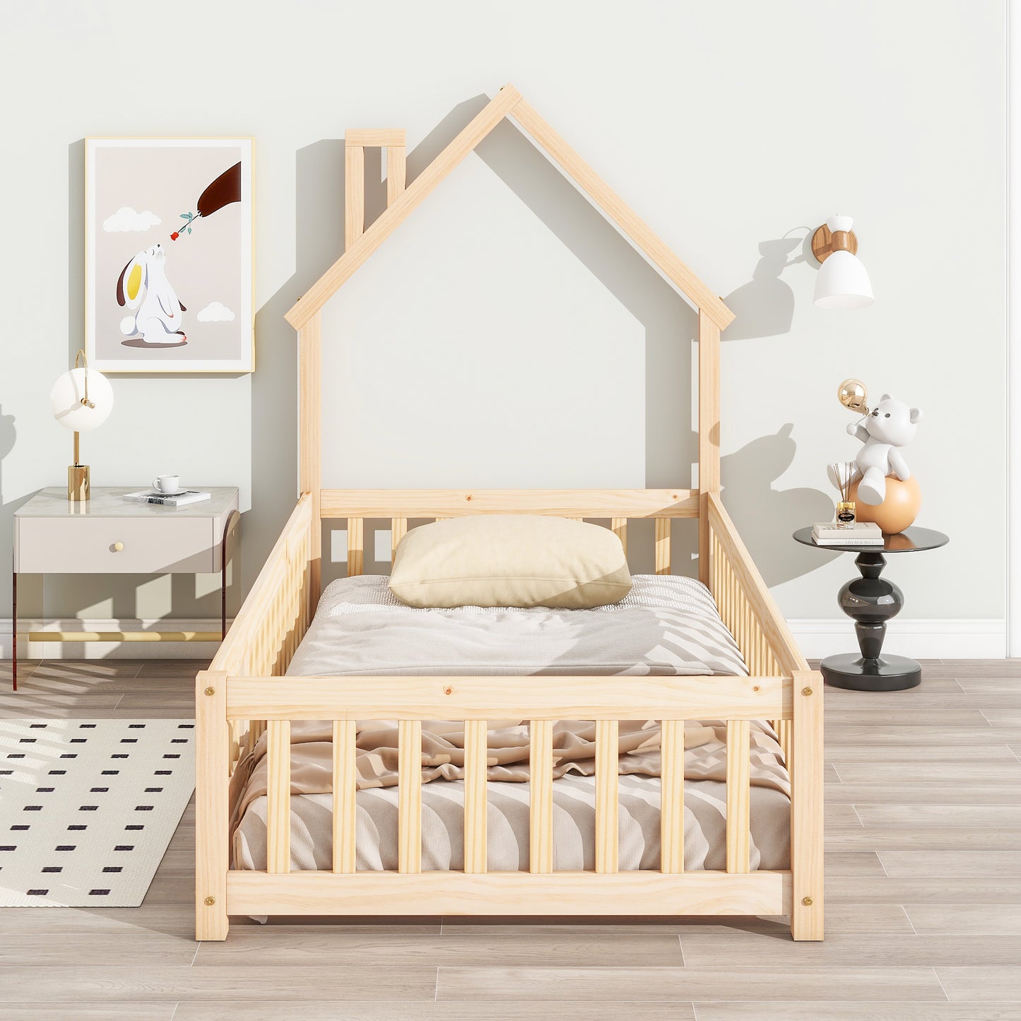 Twin House-Shaped Headboard Floor Bed with Fence
,Natural