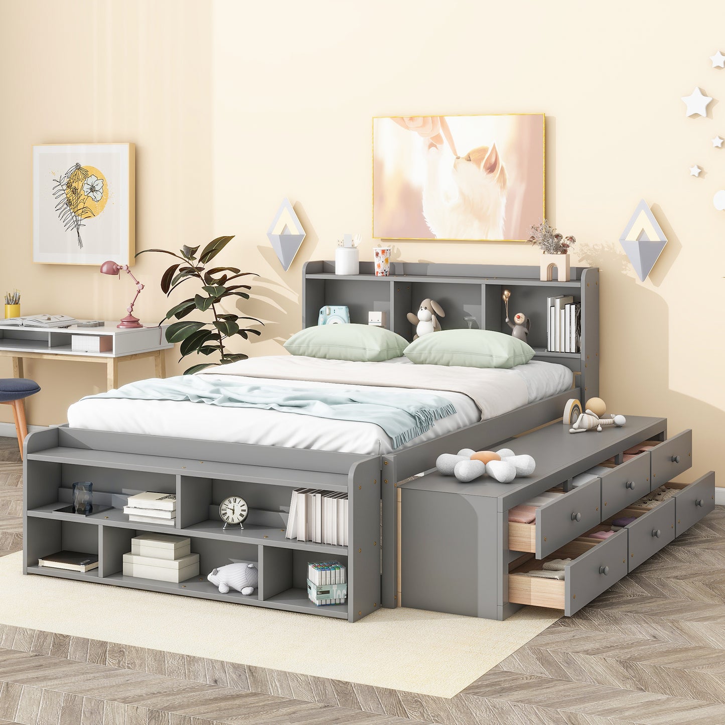 Full Bed with Bookcase Headboard, Under bed Storage Drawers and Bed End Storage Case,Grey