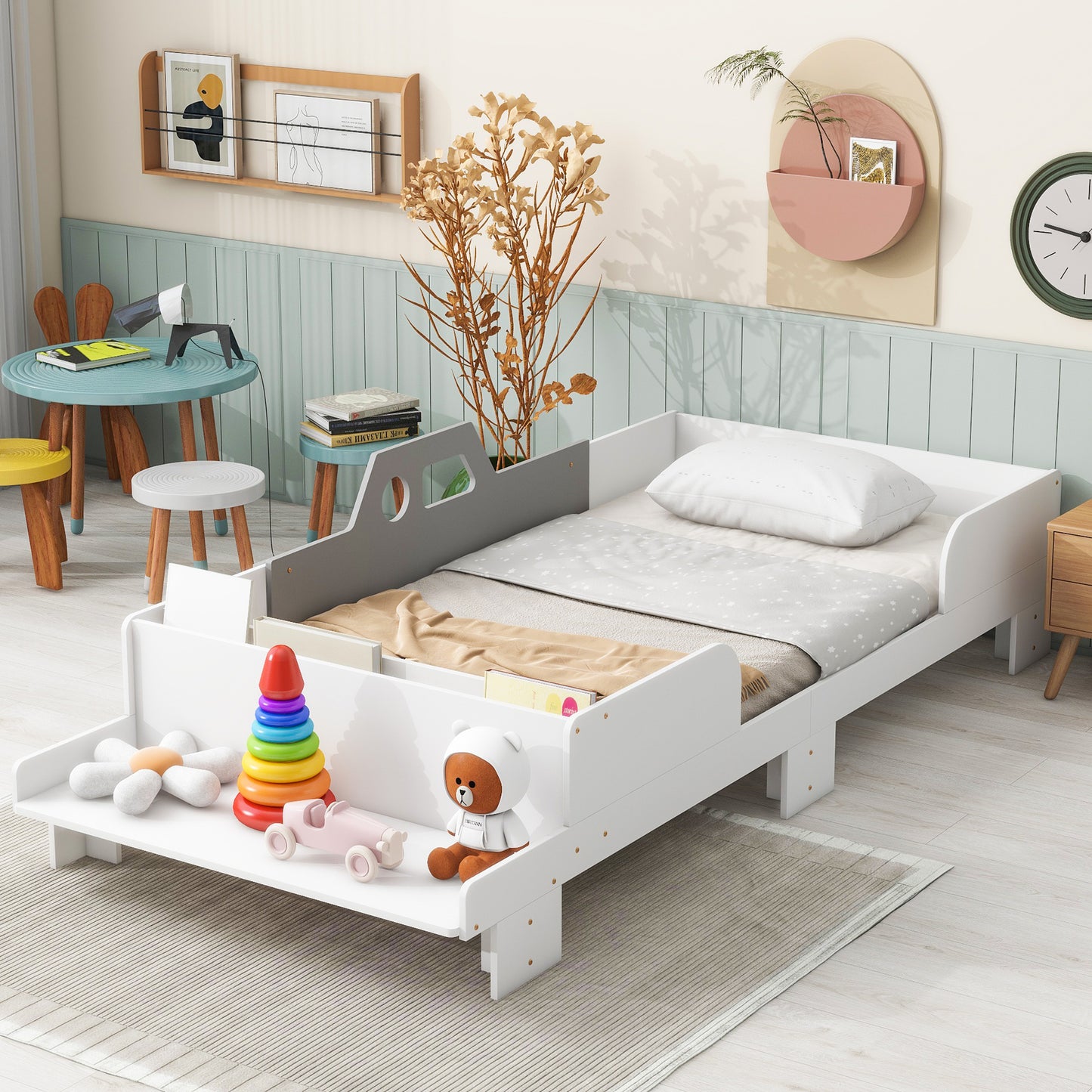 Mesvin Platform Storage Bed Car-Shaped Twin Wood Kid Bed with Bench,White