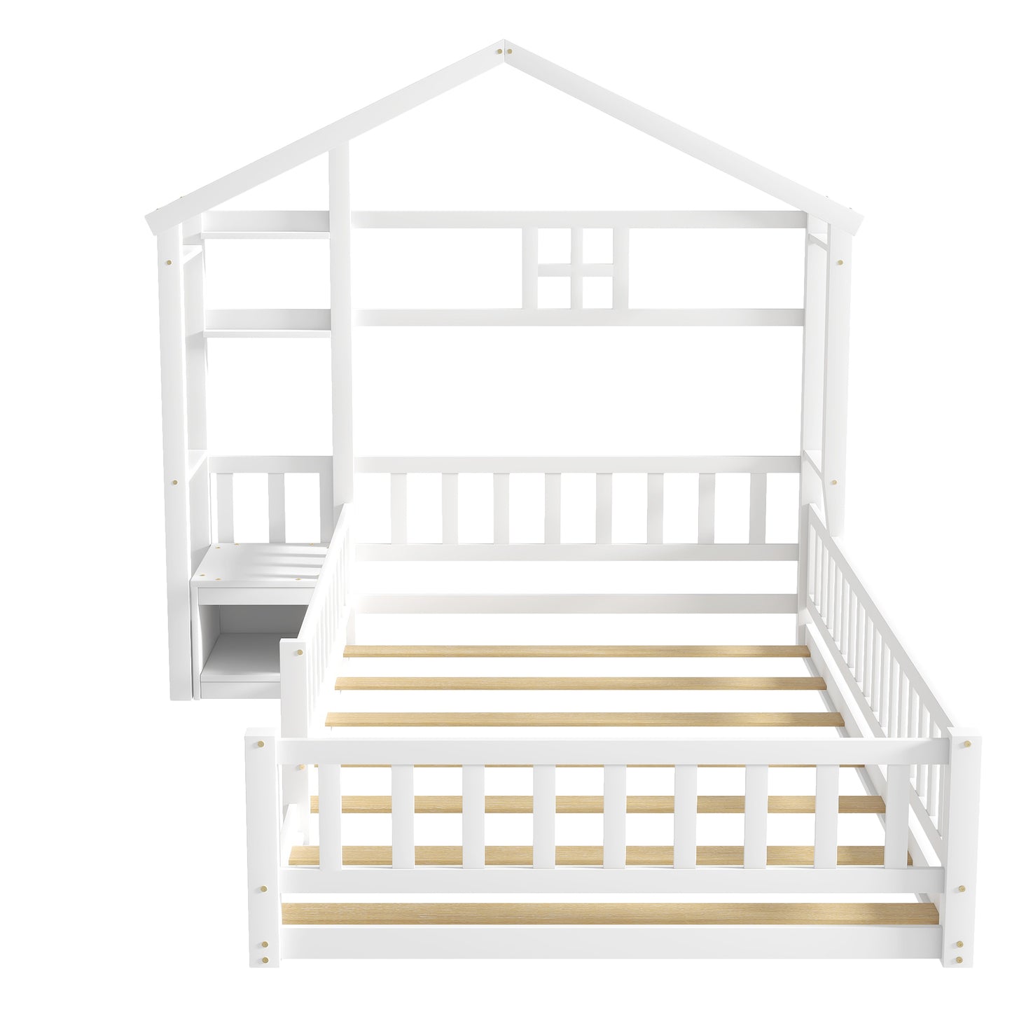 Twin Size House-Style Headboard Floor Bed with Fence Guardrails,White