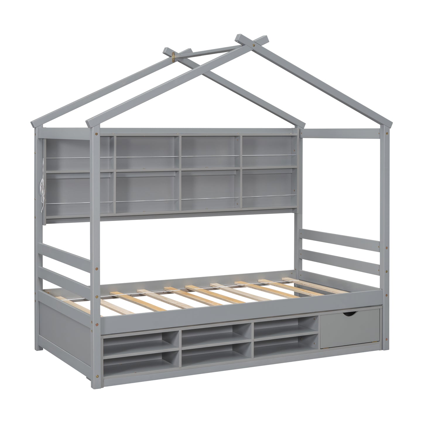 Twin House Bed with Roof Frame, Bedside-shelves, Under Bed Storage Unit,Grey