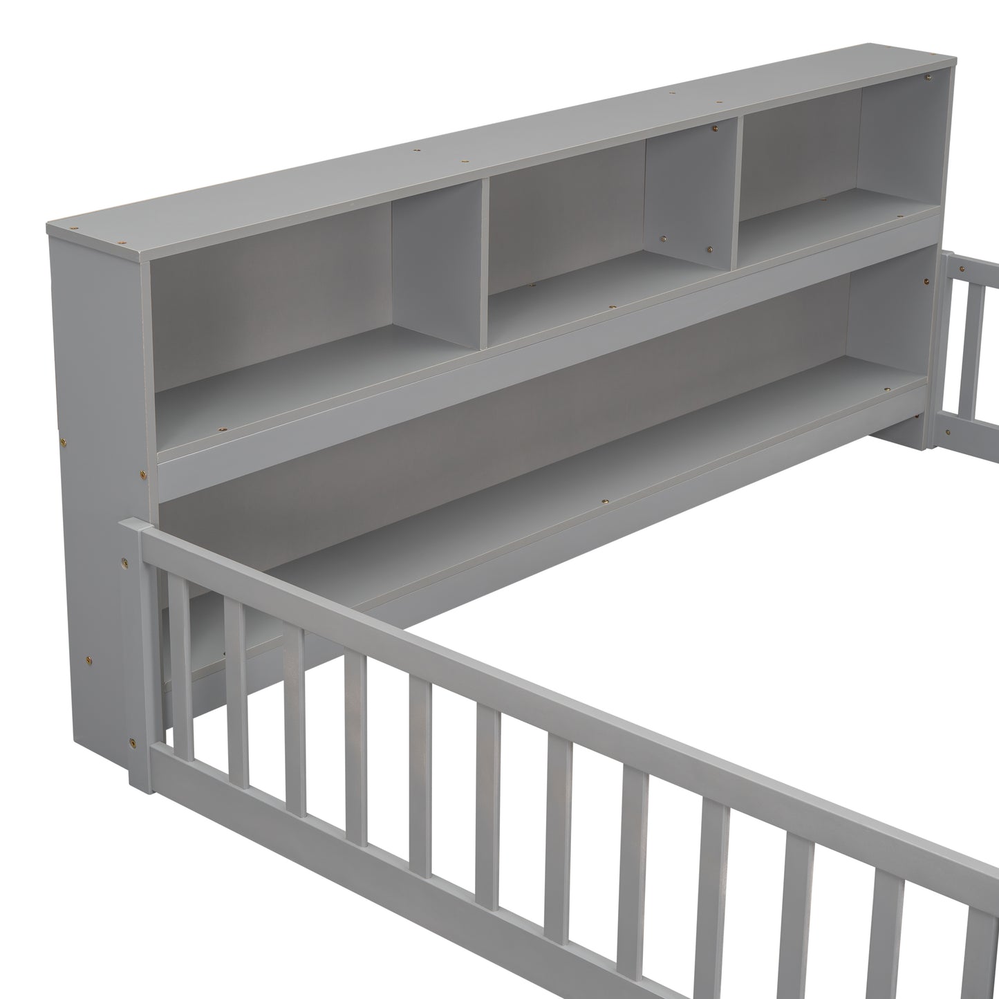 Full Floor Bed with Side Bookcase,Shelves,Guardrails,Grey