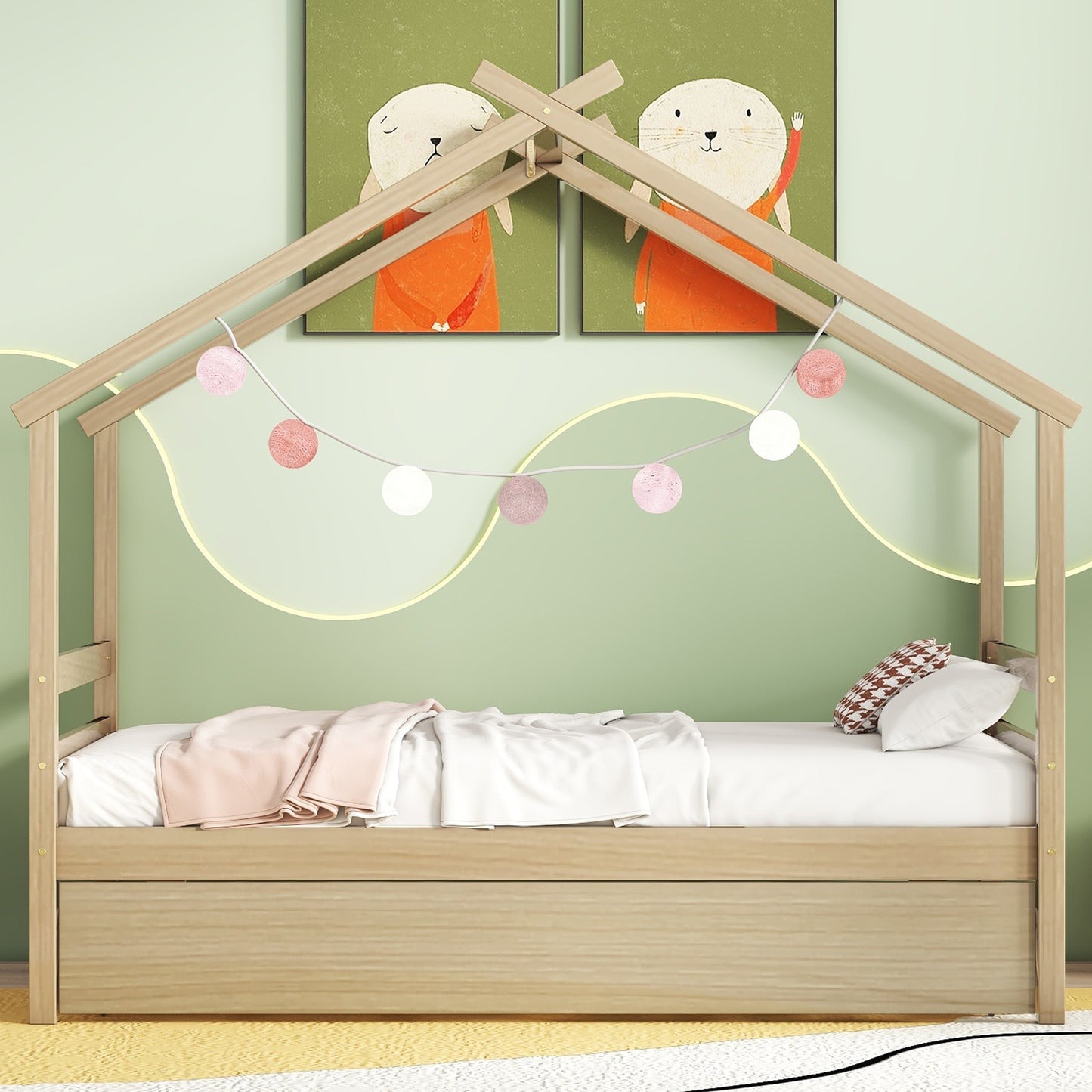 Twin Size  House-shaped Bed with Trundle,Natural