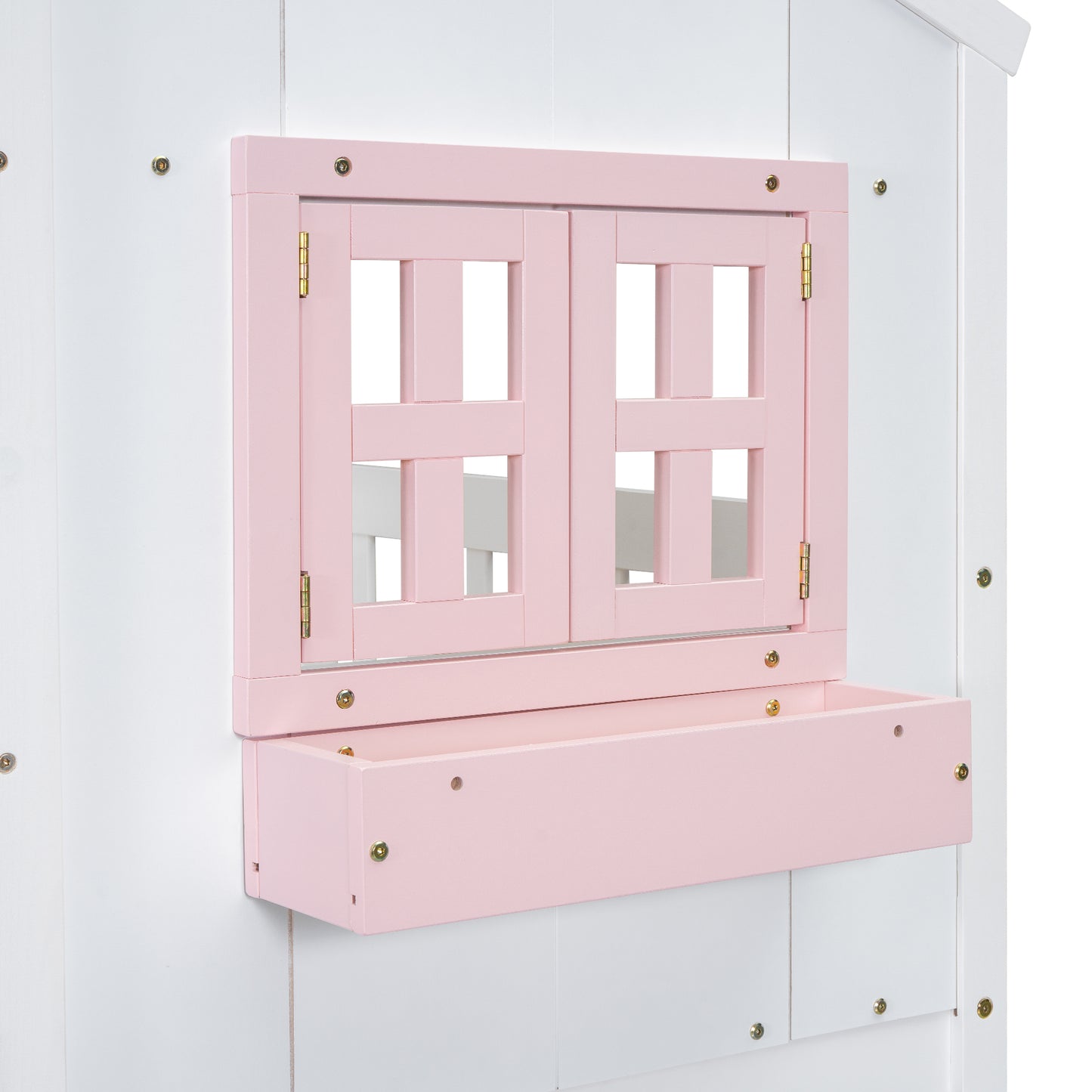 Twin over Twin House Bunk Bed with Roof , Window, Window  Box, Door , with Safety Guardrails and Ladder, Pink/White