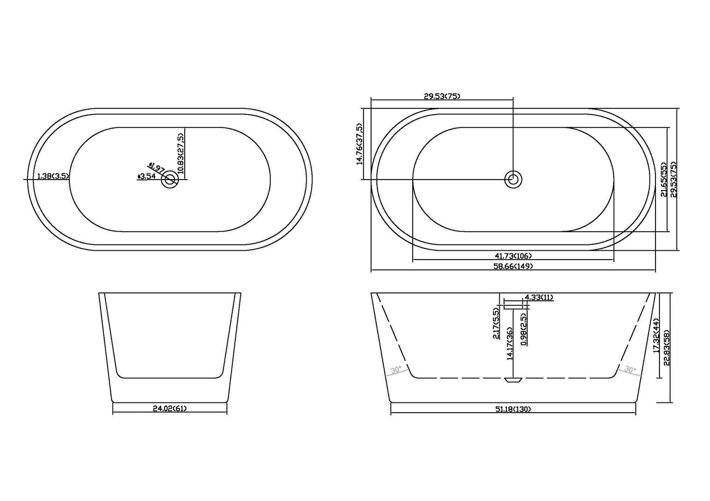 59" Acrylic Freestanding Bathtub-Acrylic Soaking Tubs, Black Bathtub, Oval Shape Black Freestanding Bathtub With Chrome Overflow and Pop Up Drain