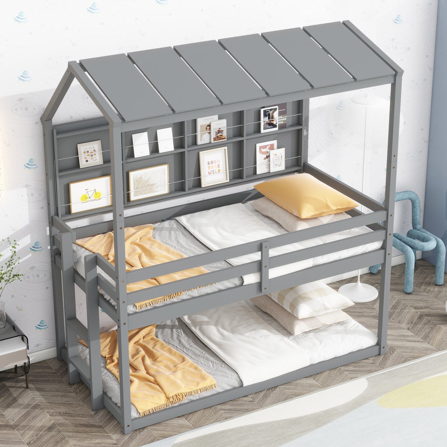 Twin House Loft Bed with Guardrails, Semi-enclosed Roof, Bedside Shelves and Ladder, Grey