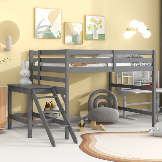 Full Loft Bed with Platform,ladder,Grey