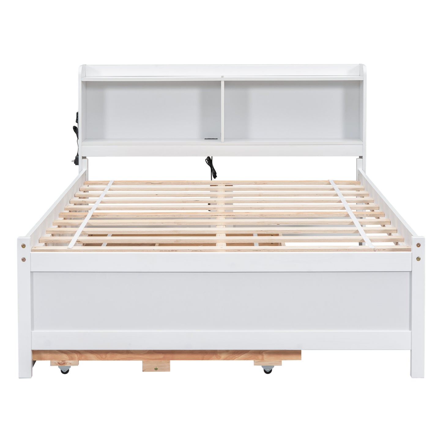 Full Size Bed with USB & Type-C Ports, LED light, Bookcase Headboard, Trundle and 3 Storage Drawers , Full Size Size Bed with  Bookcase Headboard, Trundle and Storage drawers ,White