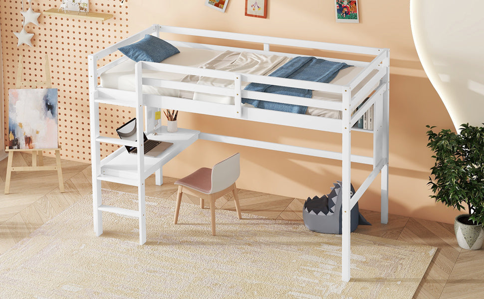 Twin Loft Bed with built-in desk and bookcase of three compartments, Guardrails and Ladder,White