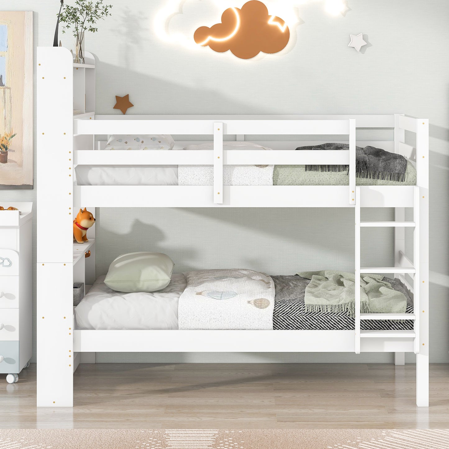 Twin Over Twin Bunk Beds with Bookcase Headboard, Solid Wood Bed Frame with Safety Rail and Ladder, Kids/Teens Bedroom, Guest Room Furniture, Can Be converted into 2 Beds, White