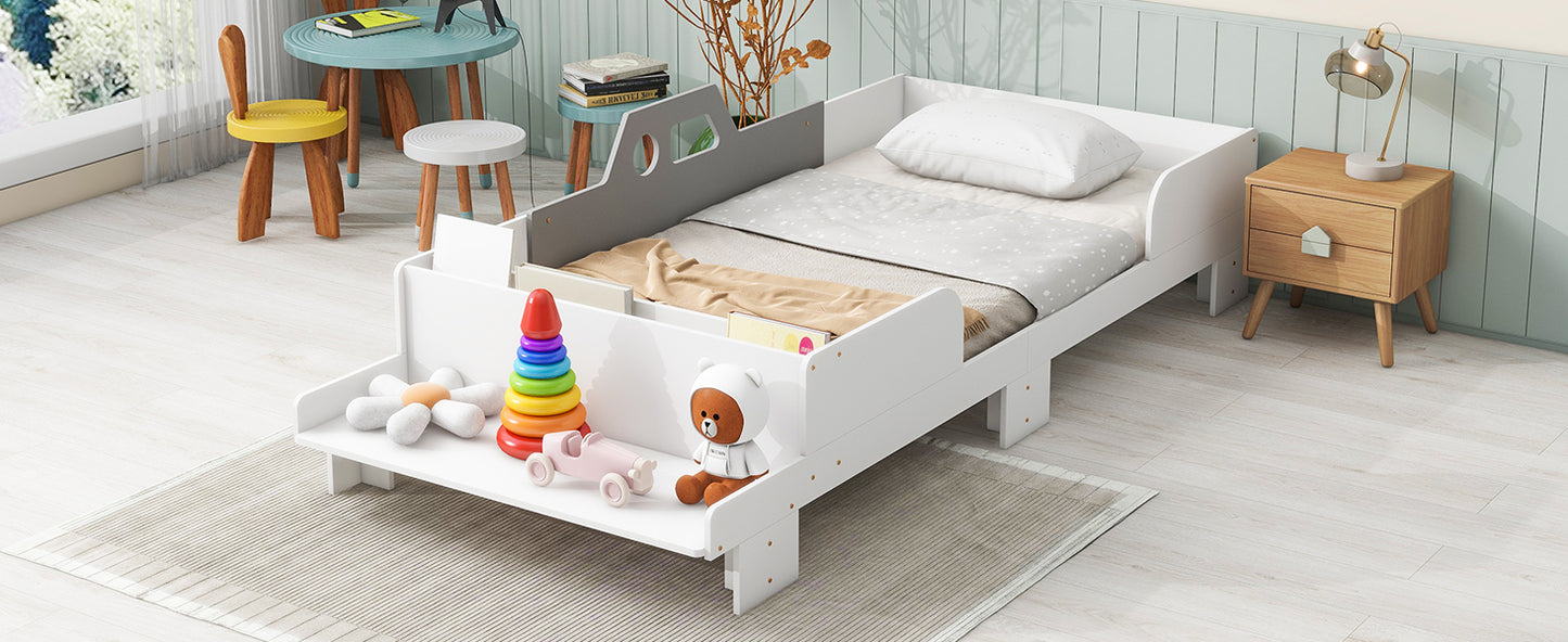 Mesvin Platform Storage Bed Car-Shaped Twin Wood Kid Bed with Bench,White