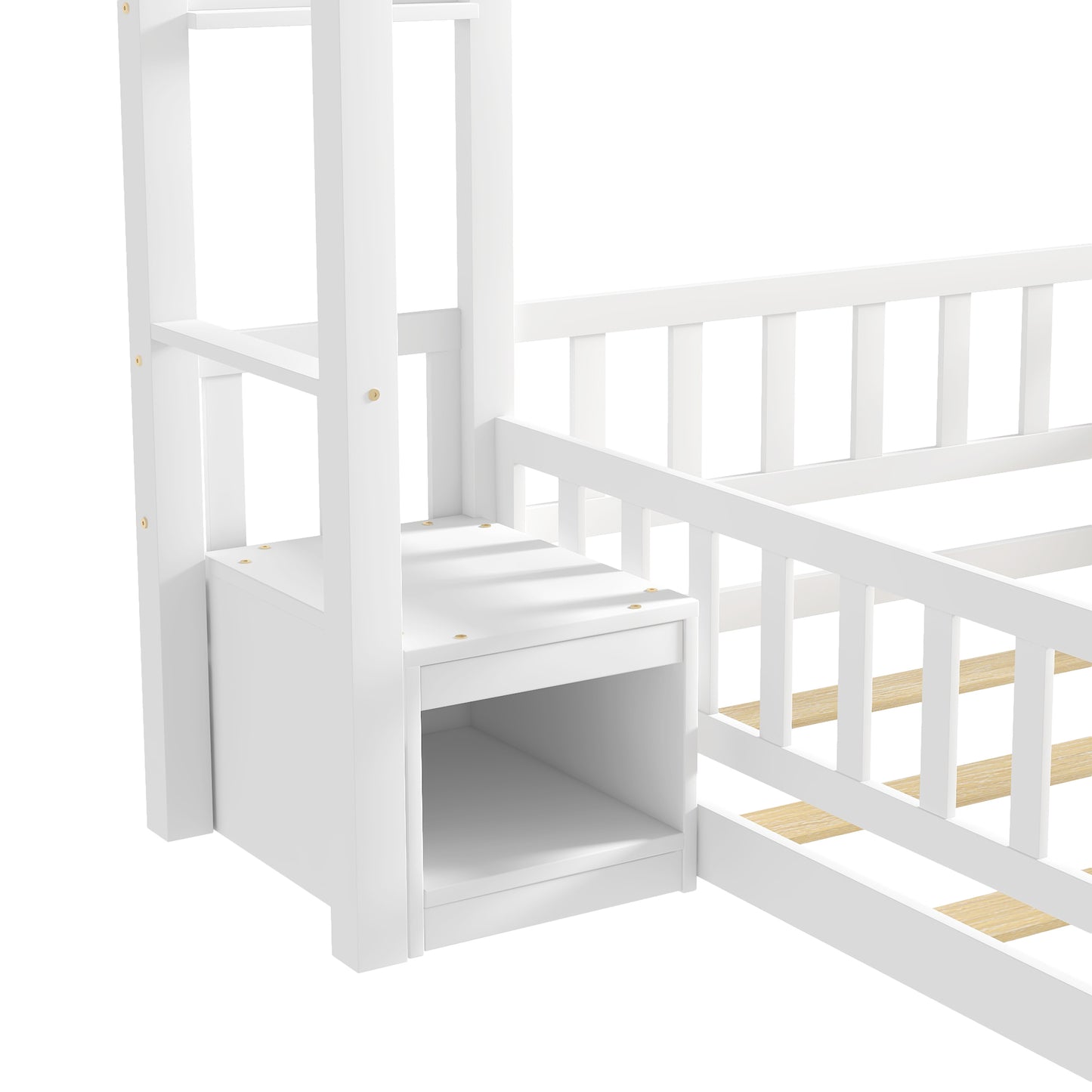 Twin Size House-Style Headboard Floor Bed with Fence Guardrails,White