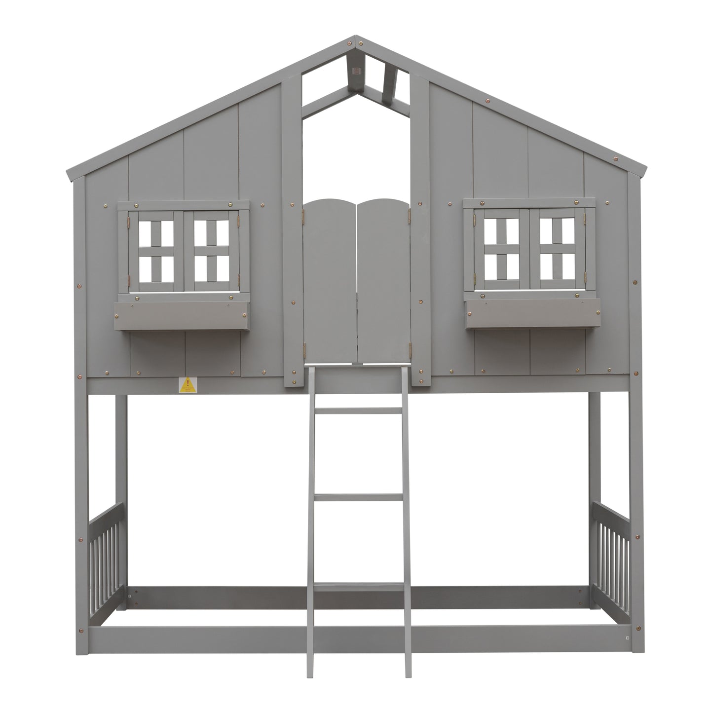 Twin over Twin House Bunk Bed with Roof , Window, Window  Box, Door , with Safety Guardrails and Ladder, Grey