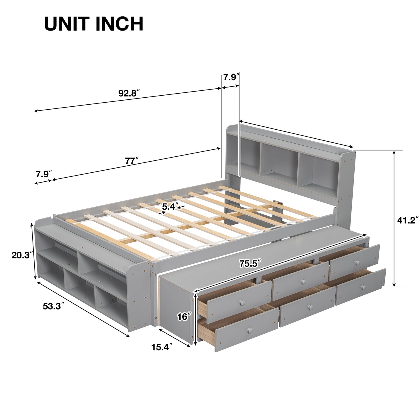 Full Bed With Bookcase Headboard, Under Bed Storage Drawers And Bed End Storage Case