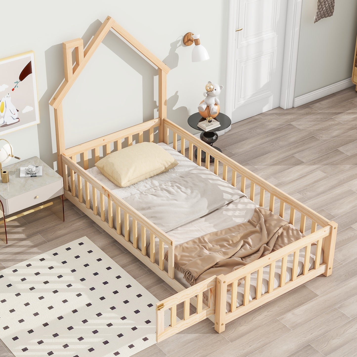 Twin House-Shaped Headboard Floor Bed with Fence
,Natural