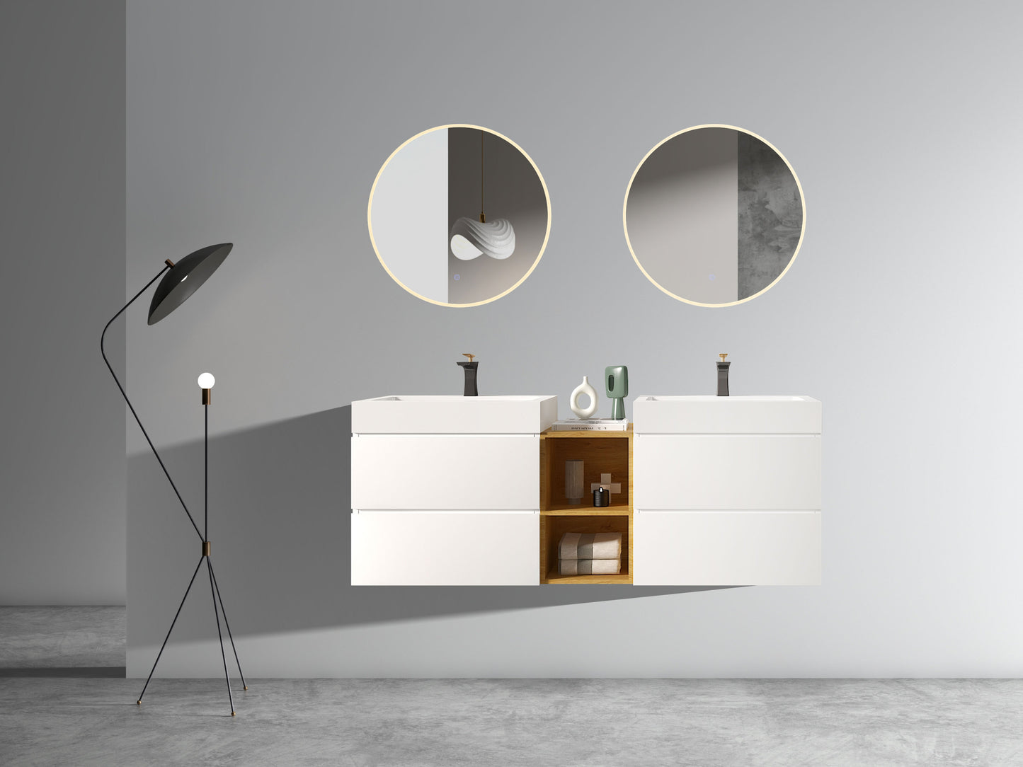 U063-ALICE72W-201 Alice 72" White Bathroom Vanity with Double Sinks and Open Shelf, Modern Wall Mounted Floating Bathroom Vanity, One-Piece Sink Basin without Drain and Faucet