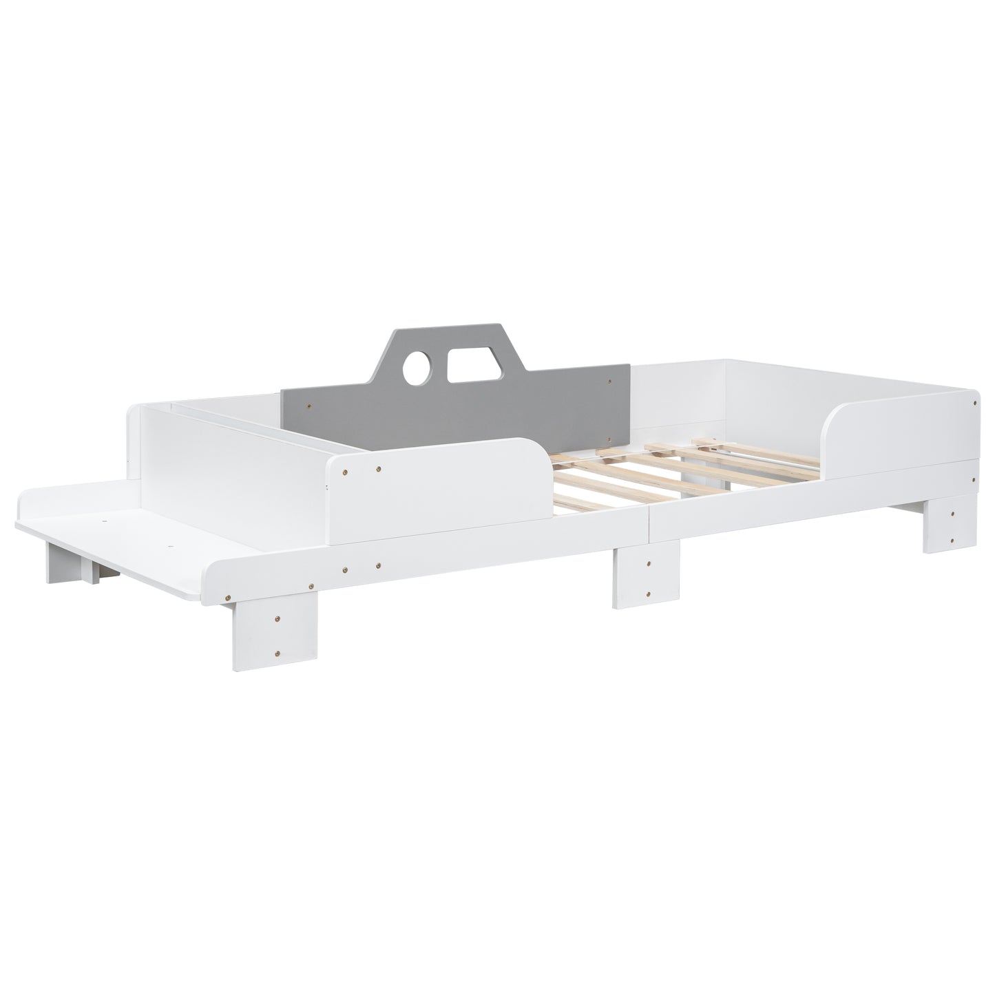 Mesvin Platform Storage Bed Car-Shaped Twin Wood Kid Bed with Bench,White