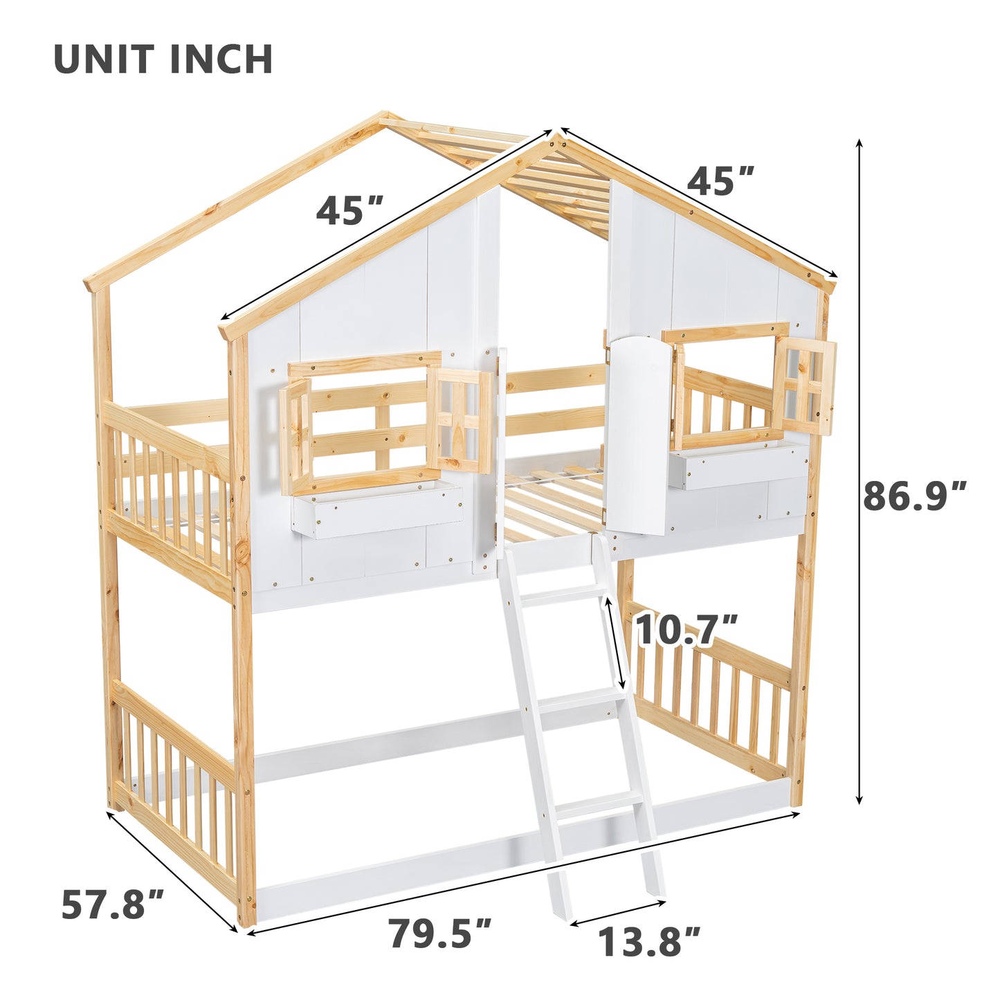 Twin over Twin House Bunk Bed with Roof , Window, Window  Box, Door , with Safety Guardrails and Ladder, Natural/White