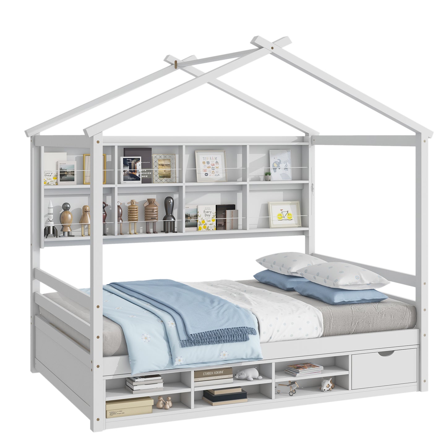 Full House Bed with Roof Frame, Bedside-shelves, Under Bed Storage Unit,White