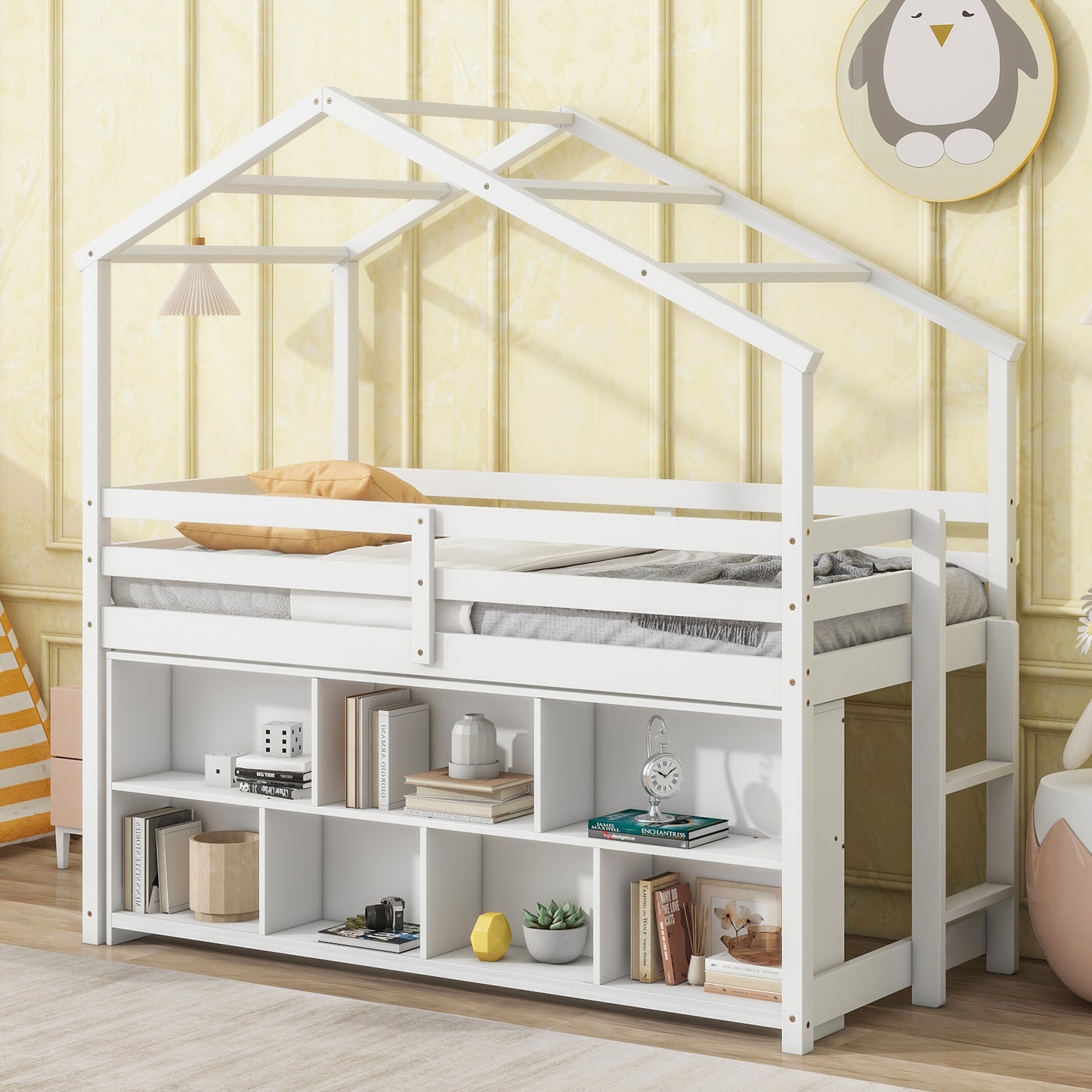 Twin House Loft Bed with Roof Frame, Under Bed Shelving Storage Unit, Guardrails, Ladder,White