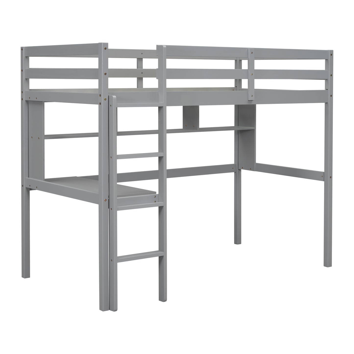 Twin Loft Bed with built-in desk and bookcase of three compartments, Guardrails and Ladder,Grey