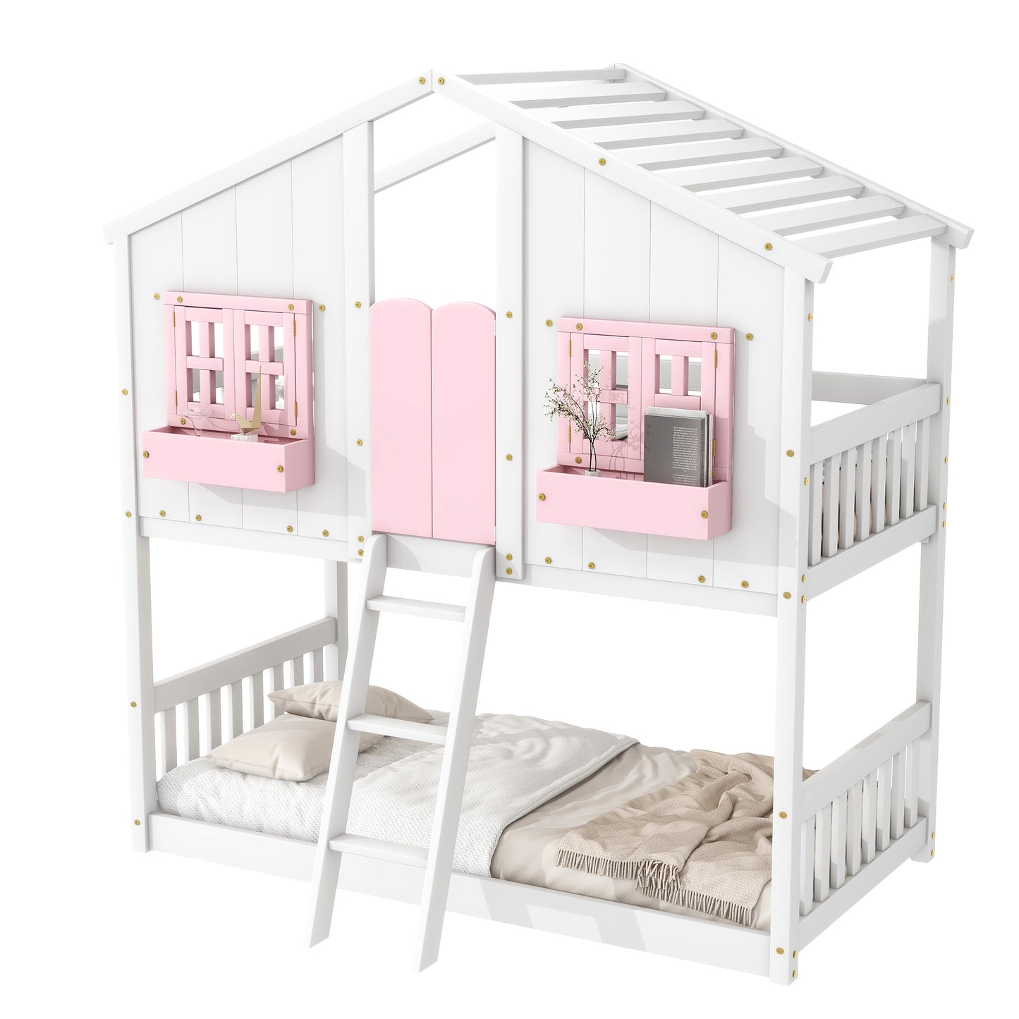 Twin over Twin House Bunk Bed with Roof , Window, Window  Box, Door , with Safety Guardrails and Ladder, Pink/White