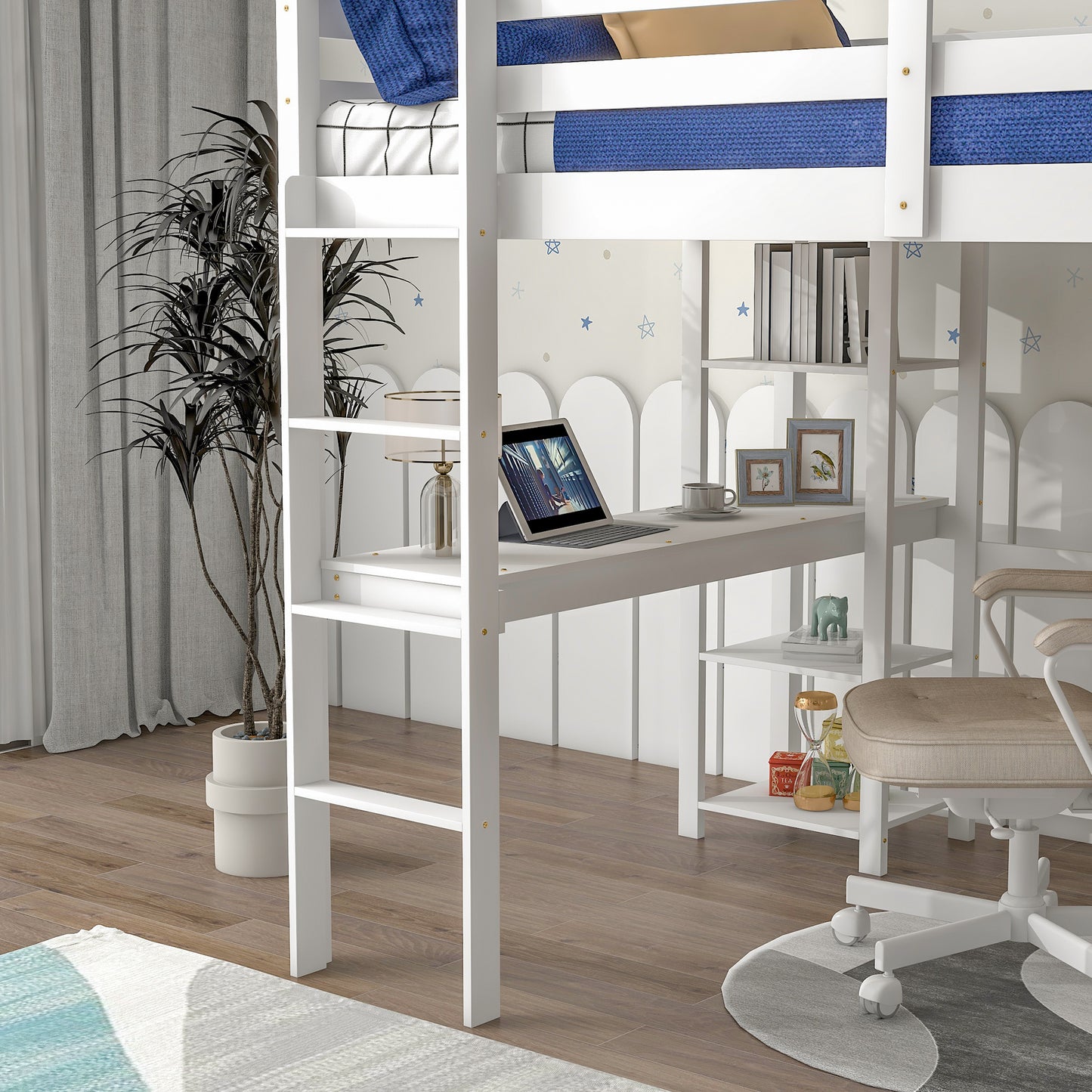 Full Loft Bed with Desk and Shelves,White