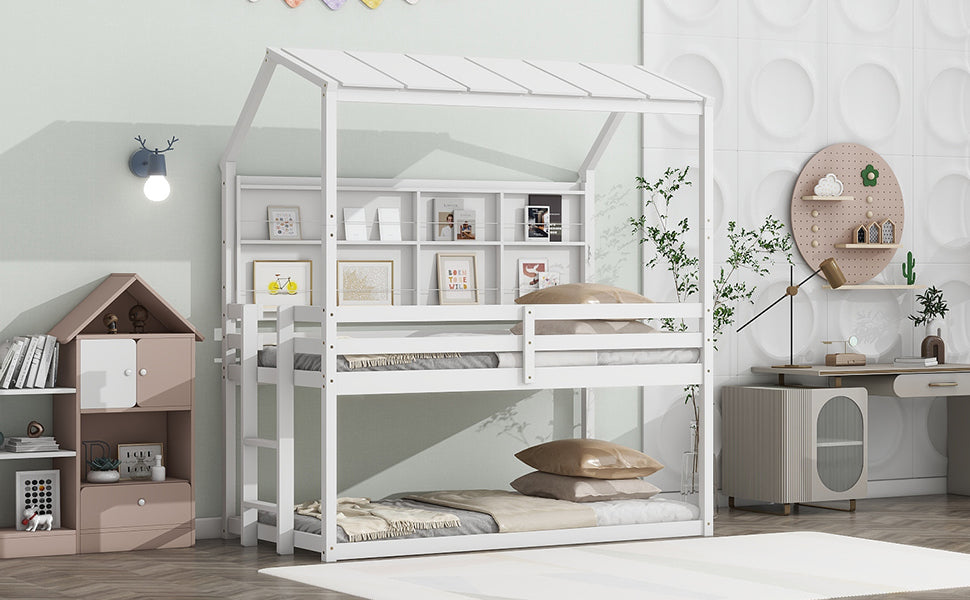 Twin House Loft Bed with Guardrails, Semi-enclosed Roof, Bedside Shelves and Ladder, White