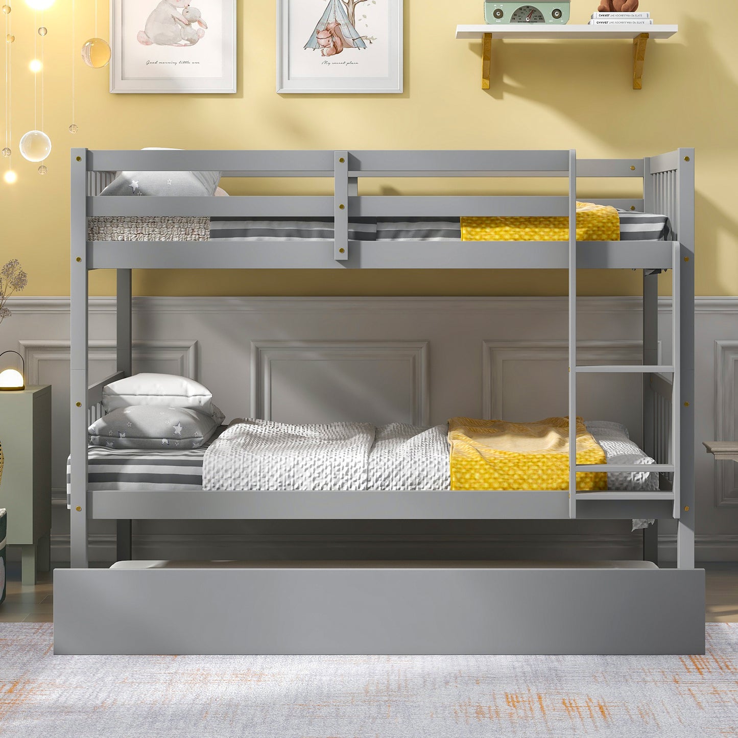 Twin Over Twin Bunk Beds with Trundle, Solid Wood Trundle Bed Frame with Safety Rail and Ladder, Kids/Teens Bedroom, Guest Room Furniture, Can Be converted into 2 Beds,Grey (Old Sku:W504S00027)